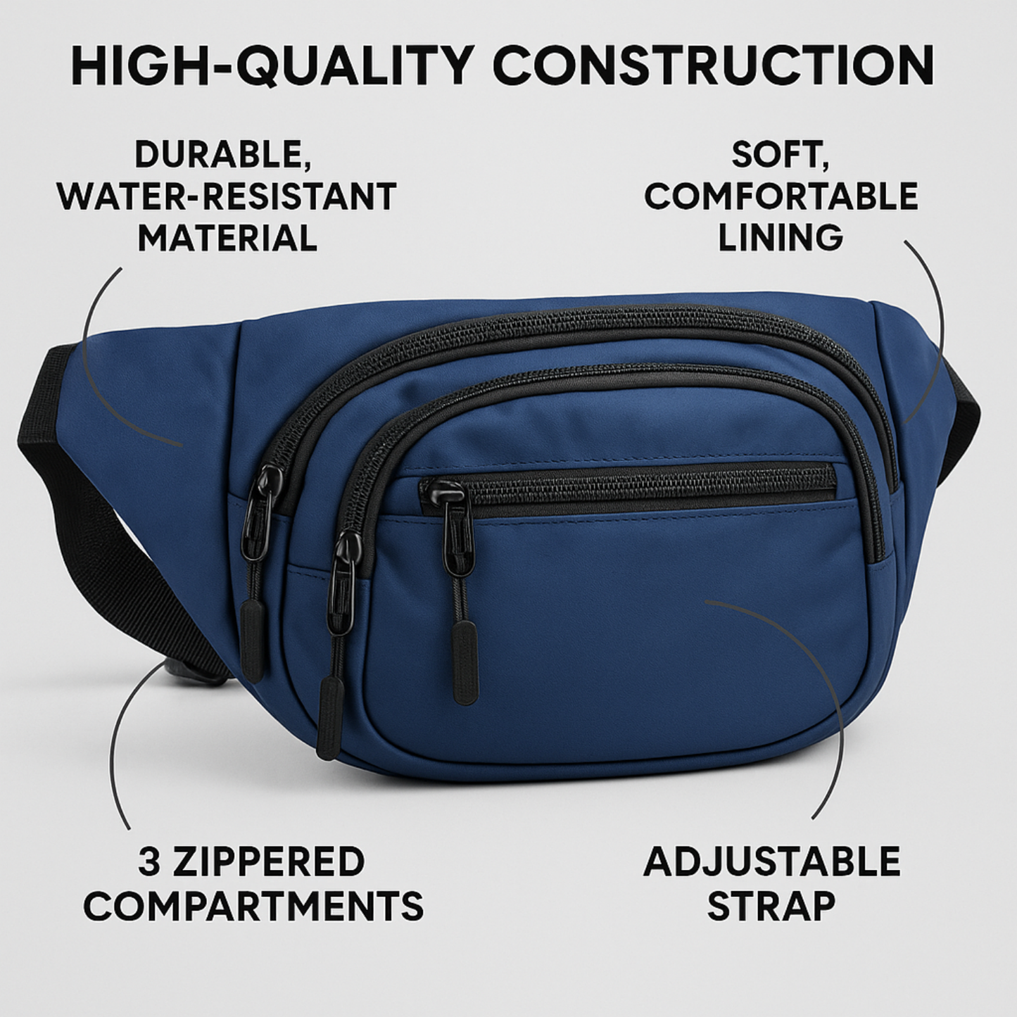 Compact Navy Blue Fanny Waist Bag – Everyday Carry with Multiple Zippered Pockets