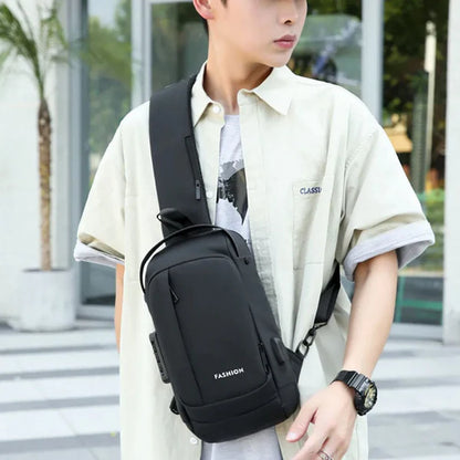 Fashion Men Sling Bag Pack with Lock Waterproof Anti-Theft Chest Bag